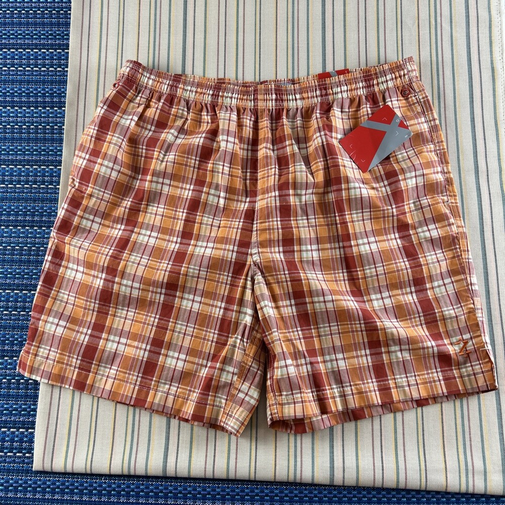 NEW Izod Swim Trunks Mens XL Orange Red White Plaid Performx 8" Inseam #8684